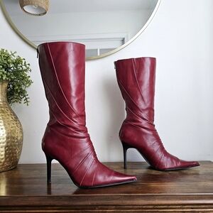 Vintage Aldo Cherry Red Leather Pleated Pointed Toe Stiletto High Heel Boots 39